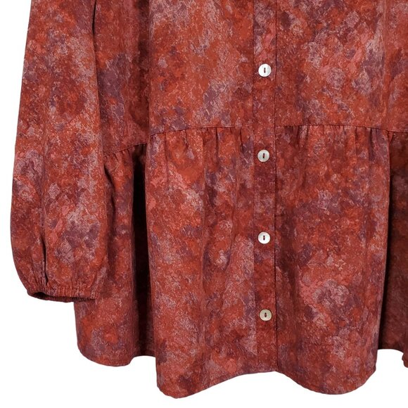 LOGO Lori Goldstein L Blouse Abstract Print Button Semi Sheer Tunic Peplum Tier - Picture 7 of 7